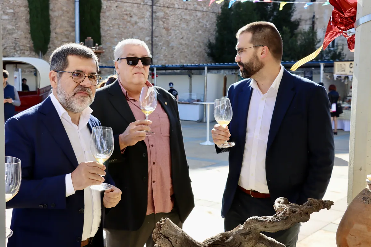Tres persones brindant amb copes de vi